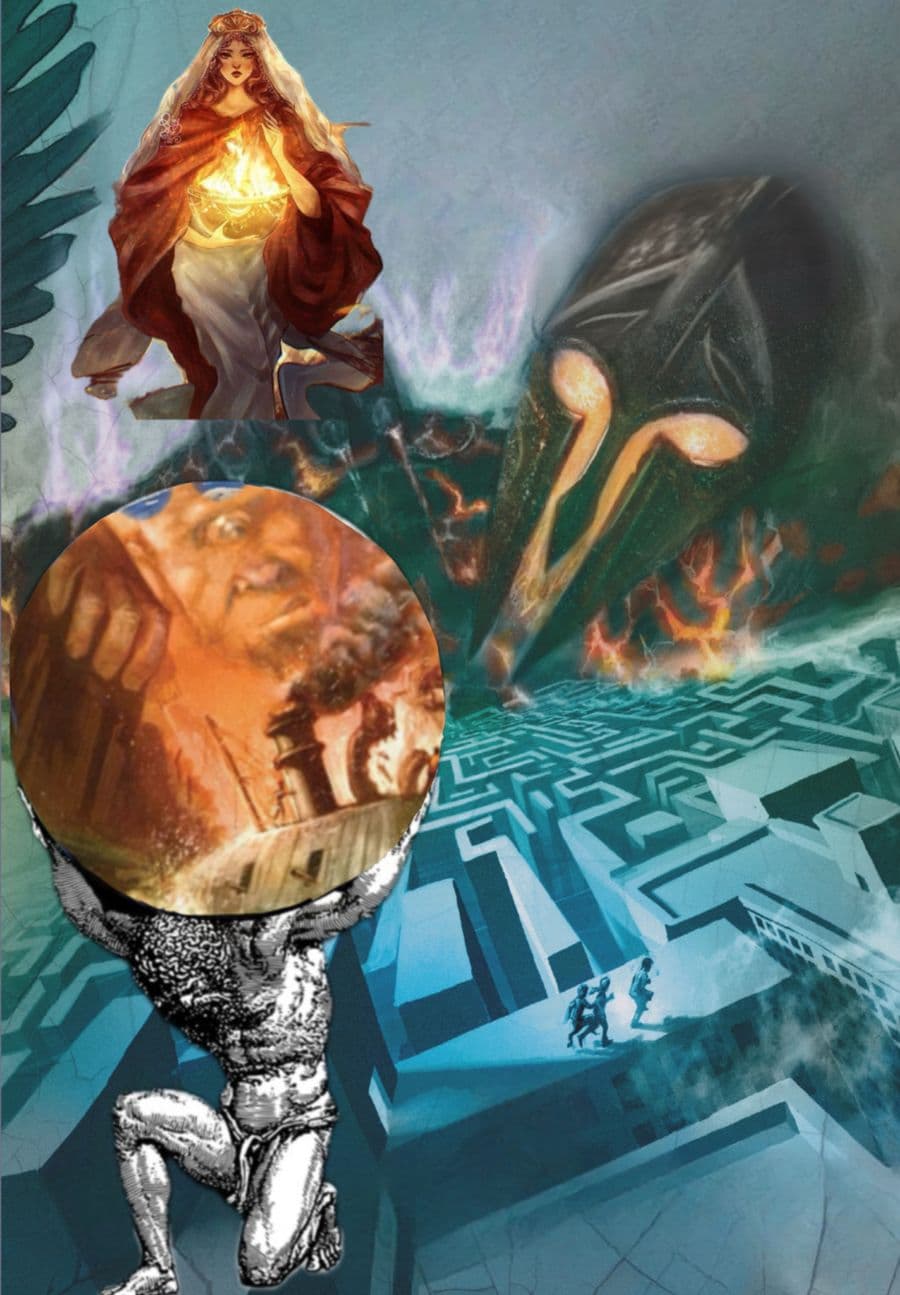 collaged Percy Jackson book titles. Kronos reaching towards labyrinth. Atlas holding the world, Tyson in the world. Onlooking Hestia
